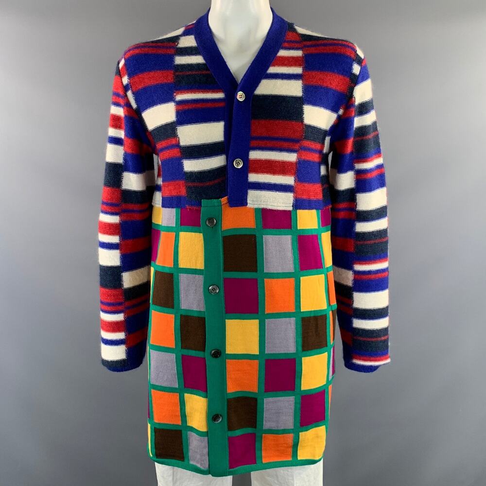 COMME des GARCONS Size L Blue Green & multi color Geometric Wool Blend Cardigan